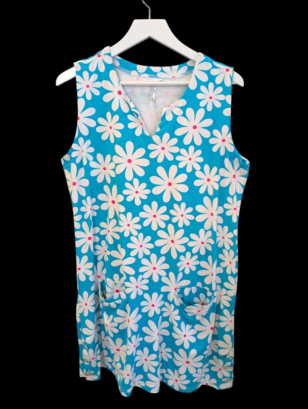 Lulu-B UPF 50+ Sleeveless Dress Large Daisy Floral Blue Pink Stretch Pockets